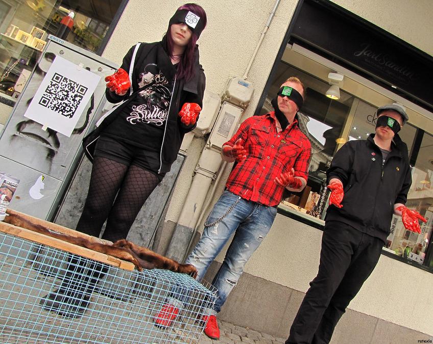 20110514_4 Artsy protest against mink farming - my buddies used fake blood and blind folds to illust